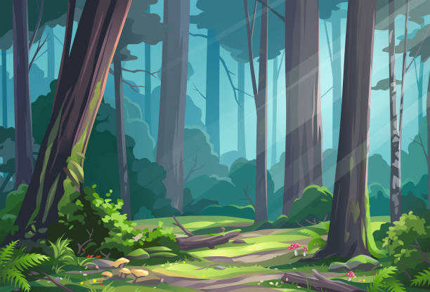 Vector illustration of a beautiful sunlit forest glade with bushes, ferns, mushrooms and flowers.
